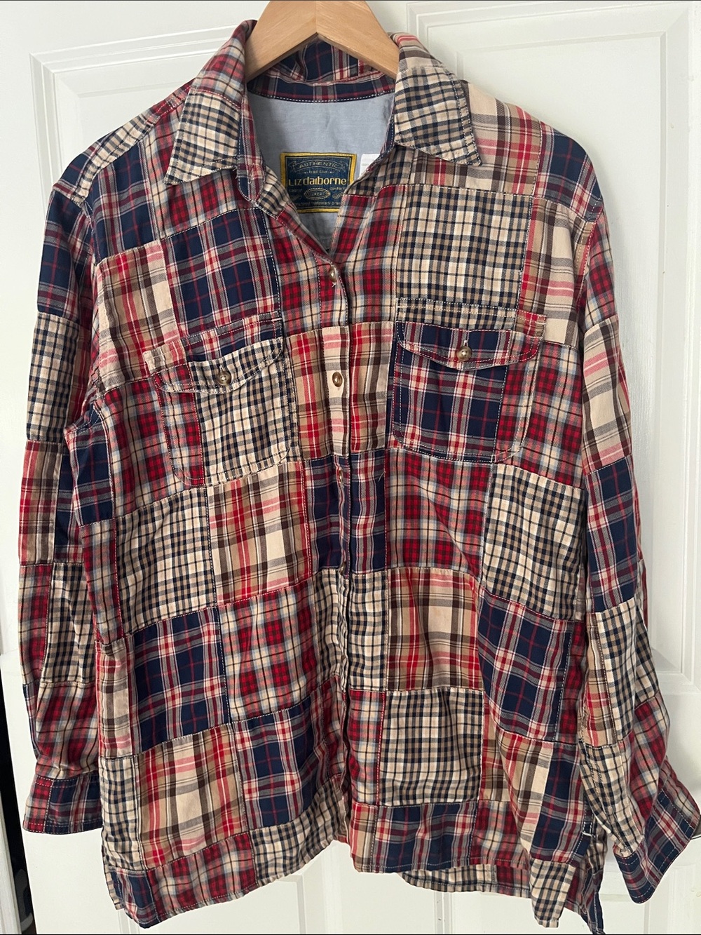 Liz Claiborne VTG shirt womens Large plaid patchwork button down shirt gorpcore
